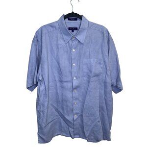Alan Flusser 100% Linen Short Sleeve Button Down Shirt Light Blue Size Large